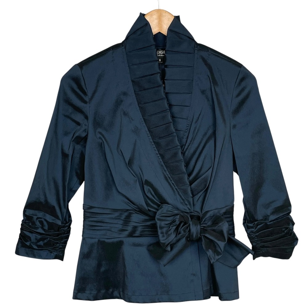 Vintage Tadashi‎ Collection Blue Taffeta Wrap Jacket Womens 6 Tie Waist Evening